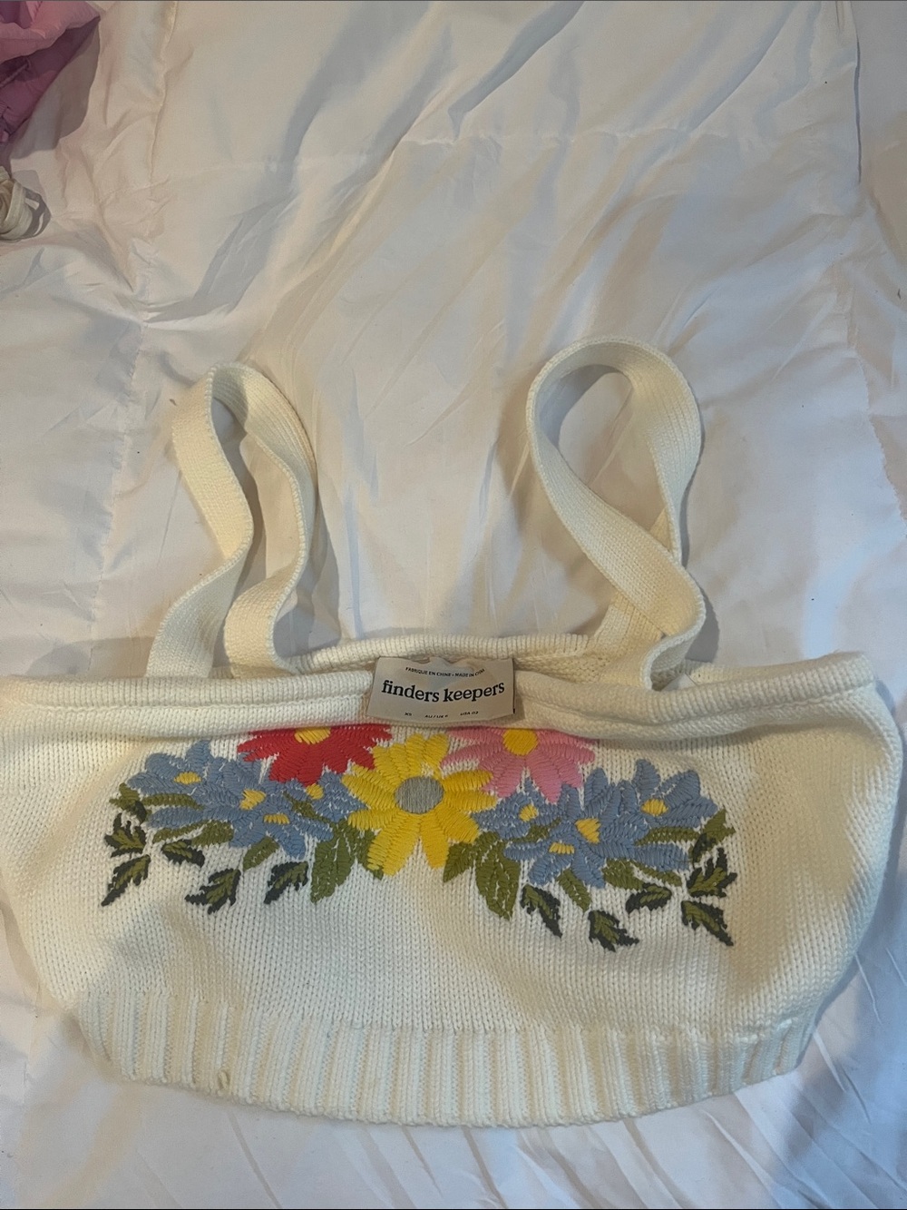Finders Keepers Cream Knit Shoulder Bag with Multicolor Floral Embroidery